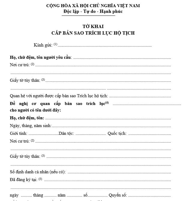 tờ khai xin Trích lục kết hôn
